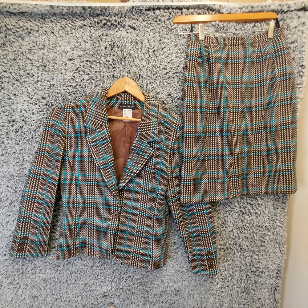 Hemispheres Paris Suit Jacket Skirt 38 Women 100% Wool Blue Brown Made In France